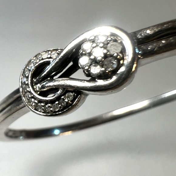 Sterling Silver 925 Infinity Knot Diamond Accented Bangle Hinged Bracelet Safety - Picture 1 of 5
